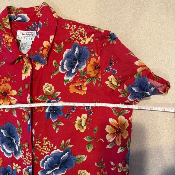 Talbots Floral Red Shirt Dress SZ 8 Linen Cotton Button Down Cottagecore  Fall - Picture 4 of 7